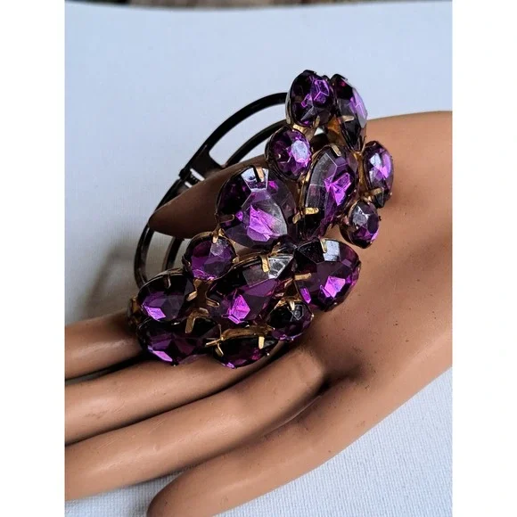 VTG Bold N Beautiful Purple Rhinestone Clamper Bracelet 1960's - Picture 3 of 16